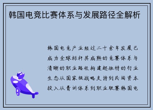 韩国电竞比赛体系与发展路径全解析