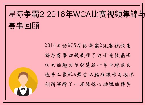 星际争霸2 2016年WCA比赛视频集锦与赛事回顾