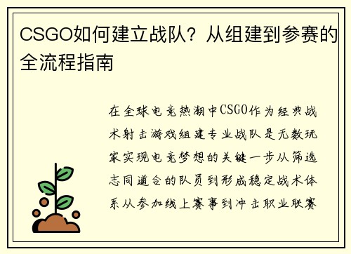 CSGO如何建立战队？从组建到参赛的全流程指南