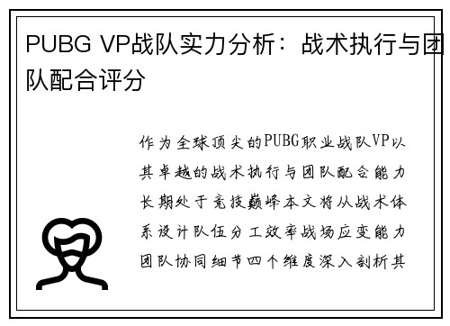 PUBG VP战队实力分析：战术执行与团队配合评分