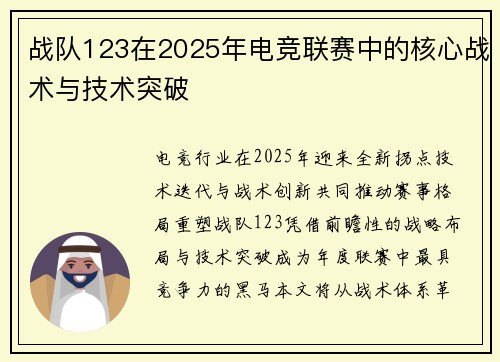 战队123在2025年电竞联赛中的核心战术与技术突破
